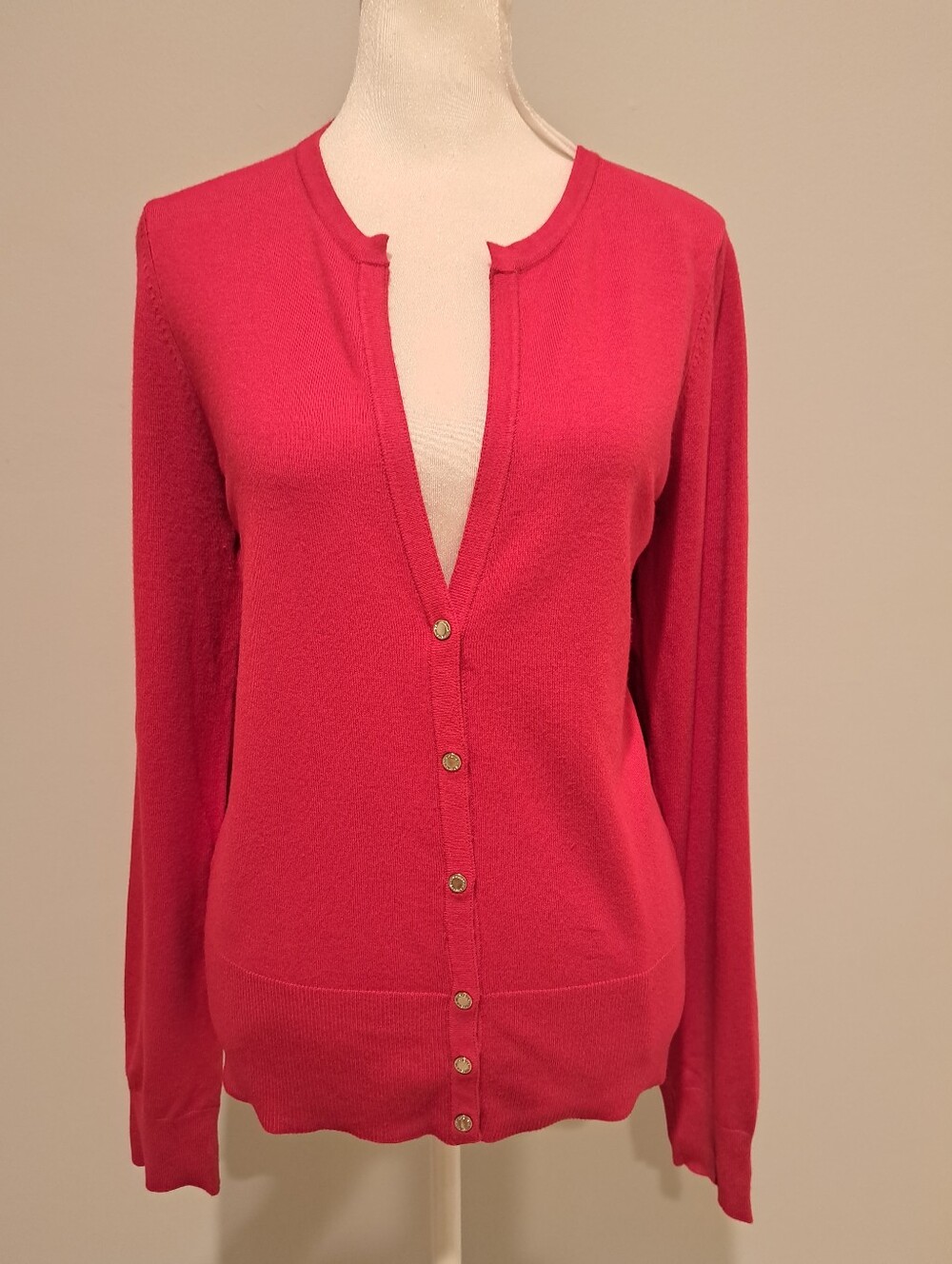 NWT WHBM Women's Raspberry Golden Metal Logo Button-Front Cardigan Sweater